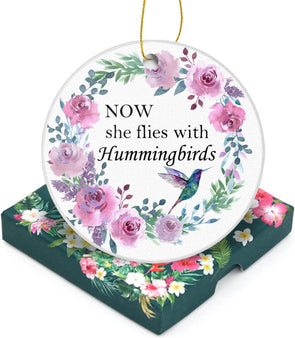 Now She Flies with Hummingbirds Memorial Christmas Ornament - We Love Hummingbirds