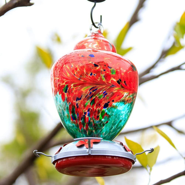 Beautiful Hand Blown Glass Hummingbird Feeder - Holds 38 oz of Nectar