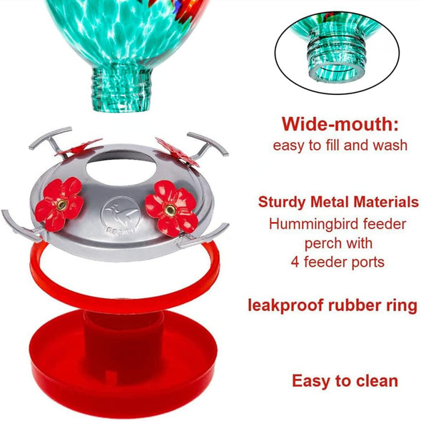 Beautiful Hand Blown Glass Hummingbird Feeder - Holds 38 oz of Nectar