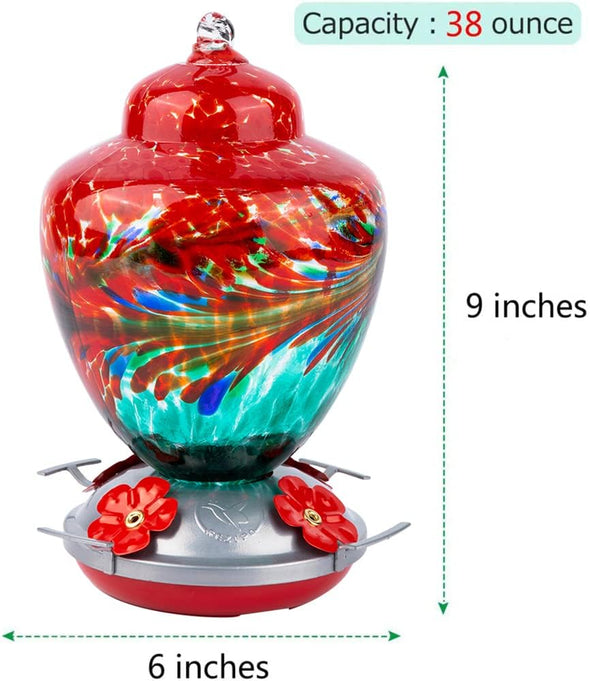 Beautiful Hand Blown Glass Hummingbird Feeder - Holds 38 oz of Nectar