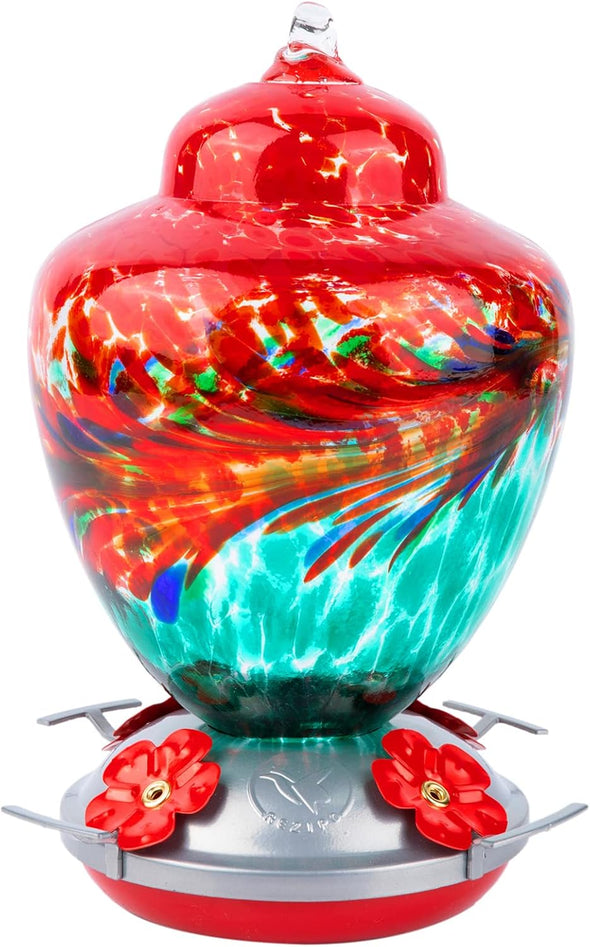 Beautiful Hand Blown Glass Hummingbird Feeder - Holds 38 oz of Nectar