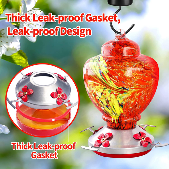 Ewonlife Hummingbird Feeder Glass for Outdoors Hanging, 2 Pack Hummingbird Feeders with Perch, Hand Blown Glass, Leak-Proof, Easy Clean and Fill, Include 2 Hooks, Brush, Hanging Rope(38 Ounces/Pack)