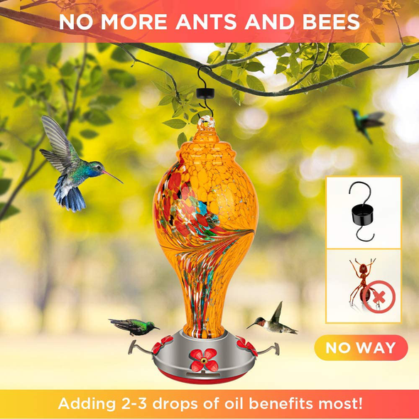 GAISTEN Glass Hummingbird Feeder, 36Oz Large Hummingbird Feeders for Outdoors Hanging, Leakproof Hand Blown Hummingbird Feeder Never Fade, Attract More Birds, 4 in 1 Garden Backyard Decorative(Yellow)