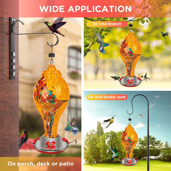 GAISTEN Glass Hummingbird Feeder, 36Oz Large Hummingbird Feeders for Outdoors Hanging, Leakproof Hand Blown Hummingbird Feeder Never Fade, Attract More Birds, 4 in 1 Garden Backyard Decorative(Yellow)
