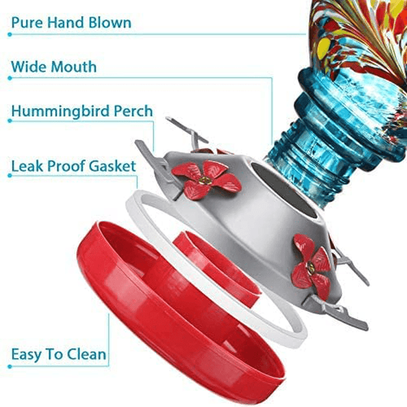2 Sets Hummingbird Feeder for Outdoors with Hand Blown Glass, Hand Bird Feeder with Perch, Blue Paintings and Flower, 38 Ounces Including Ant Moat, Metal Hook, Hanging Wires, Brush - We Love Hummingbirds