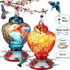 2 Sets Hummingbird Feeder for Outdoors with Hand Blown Glass, Hand Bird Feeder with Perch, Blue Paintings and Flower, 38 Ounces Including Ant Moat, Metal Hook, Hanging Wires, Brush - We Love Hummingbirds