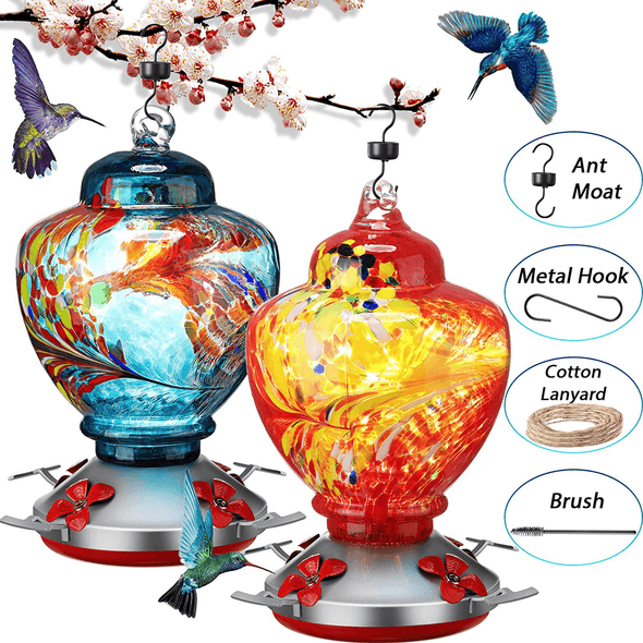 2 Sets Hummingbird Feeder for Outdoors with Hand Blown Glass, Hand Bird Feeder with Perch, Blue Paintings and Flower, 38 Ounces Including Ant Moat, Metal Hook, Hanging Wires, Brush - We Love Hummingbirds