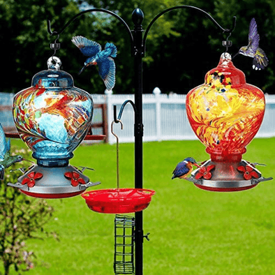 2 Sets Hummingbird Feeder for Outdoors with Hand Blown Glass, Hand Bird Feeder with Perch, Blue Paintings and Flower, 38 Ounces Including Ant Moat, Metal Hook, Hanging Wires, Brush - We Love Hummingbirds