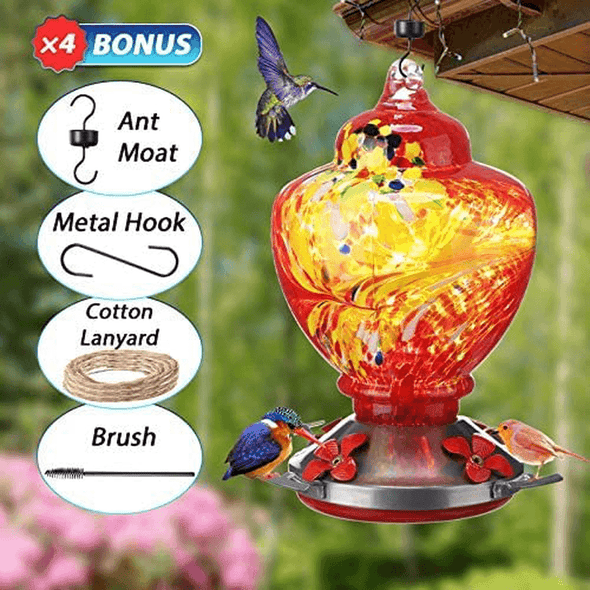 2 Sets Hummingbird Feeder for Outdoors with Hand Blown Glass, Hand Bird Feeder with Perch, Blue Paintings and Flower, 38 Ounces Including Ant Moat, Metal Hook, Hanging Wires, Brush - We Love Hummingbirds