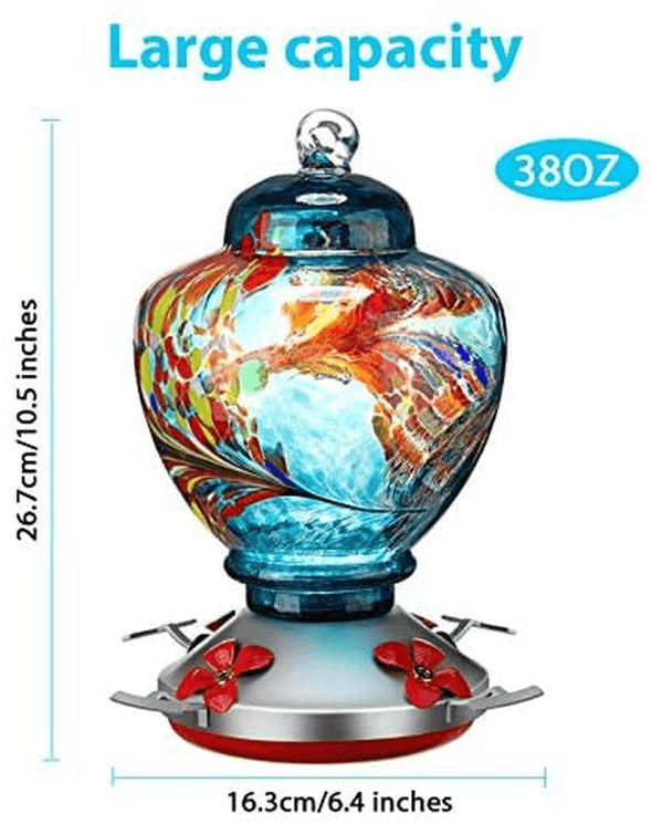 2 Sets Hummingbird Feeder for Outdoors with Hand Blown Glass, Hand Bird Feeder with Perch, Blue Paintings and Flower, 38 Ounces Including Ant Moat, Metal Hook, Hanging Wires, Brush - We Love Hummingbirds