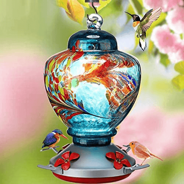 2 Sets Hummingbird Feeder for Outdoors with Hand Blown Glass, Hand Bird Feeder with Perch, Blue Paintings and Flower, 38 Ounces Including Ant Moat, Metal Hook, Hanging Wires, Brush - We Love Hummingbirds