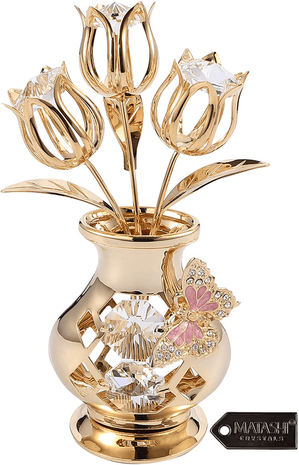 24K Gold Plated Crystal Studded Flower Ornament in Vase - We Love Hummingbirds