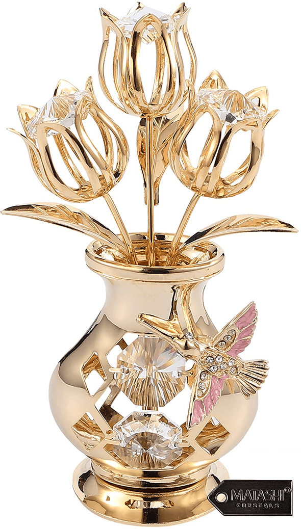 24K Gold Plated Crystal Studded Flower Ornament in Vase - We Love Hummingbirds