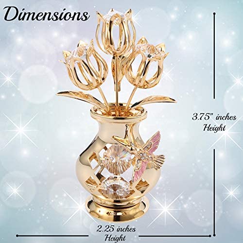 24K Gold Plated Crystal Studded Flower Ornament in Vase with Decorative Hummingbird Tabletop Ornament - We Love Hummingbirds