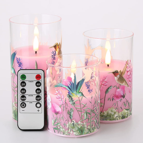 3 Pack Pink Hummingbird Glass LED Candles with Remote - We Love Hummingbirds