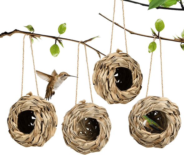 4Pack Hanging Bird Hummingbird Nest House for Outside,Natural Grass Hanging Bird Hut,Made of Natural Grass, Perfect for Garden Patio Lawn Office Indoor - We Love Hummingbirds