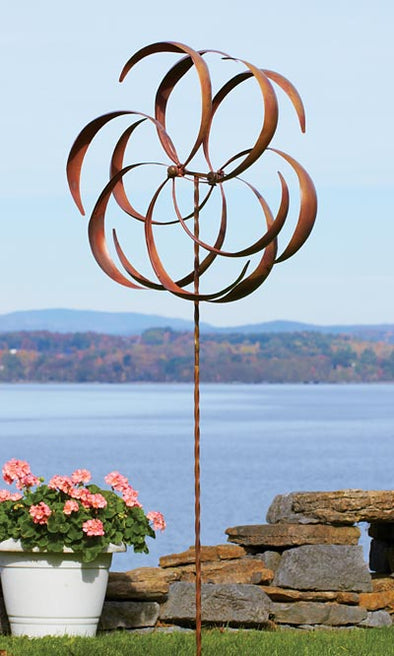 87" Copper Kinetic Dual Flower Spinner - We Love Hummingbirds