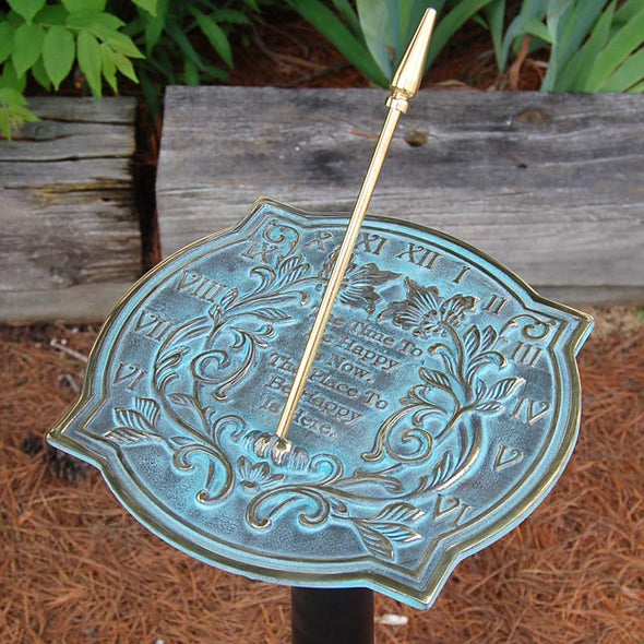 9.875" Verdigris Brass Happiness Sundial - We Love Hummingbirds