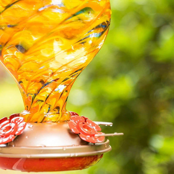 Beautiful Amber Citrine Hand Blown Glass Hummingbird Feeder - Holds 32 oz of Nectar - We Love Hummingbirds