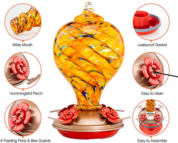 Beautiful Amber Citrine Hand Blown Glass Hummingbird Feeder - Holds 32 oz of Nectar - We Love Hummingbirds