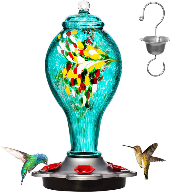 Beautiful Blue and Yellow Hand Blown Glass Hummingbird Feeder - Holds 25 oz of Nectar - We Love Hummingbirds