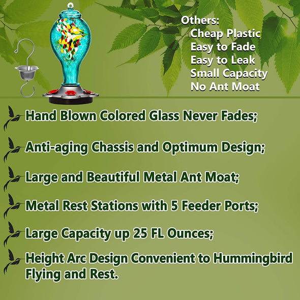 Beautiful Blue and Yellow Hand Blown Glass Hummingbird Feeder - Holds 25 oz of Nectar - We Love Hummingbirds