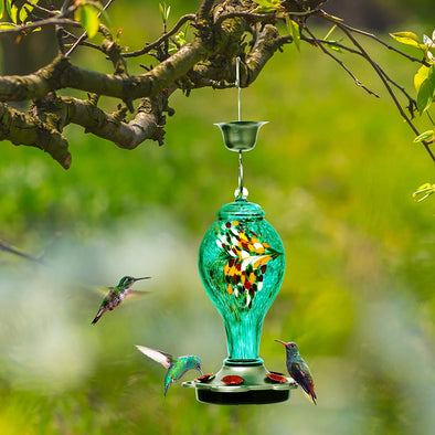 Beautiful Blue and Yellow Hand Blown Glass Hummingbird Feeder - Holds 25 oz of Nectar - We Love Hummingbirds