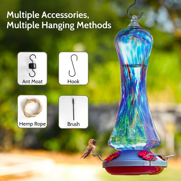 Beautiful Blue Hand Blown Glass Hummingbird Feeder - Holds 20 oz of Nectar - We Love Hummingbirds