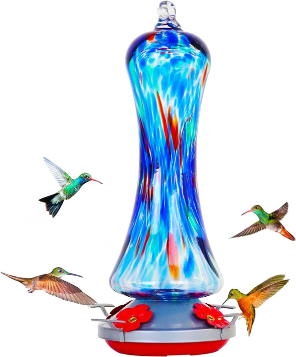 Beautiful Blue Hand Blown Glass Hummingbird Feeder - Holds 20 oz of Nectar - We Love Hummingbirds