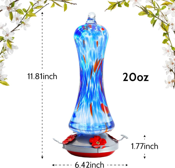 Beautiful Blue Hand Blown Glass Hummingbird Feeder - Holds 20 oz of Nectar - We Love Hummingbirds