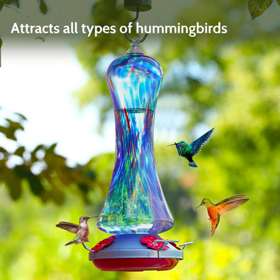 Beautiful Blue Hand Blown Glass Hummingbird Feeder - Holds 20 oz of Nectar - We Love Hummingbirds