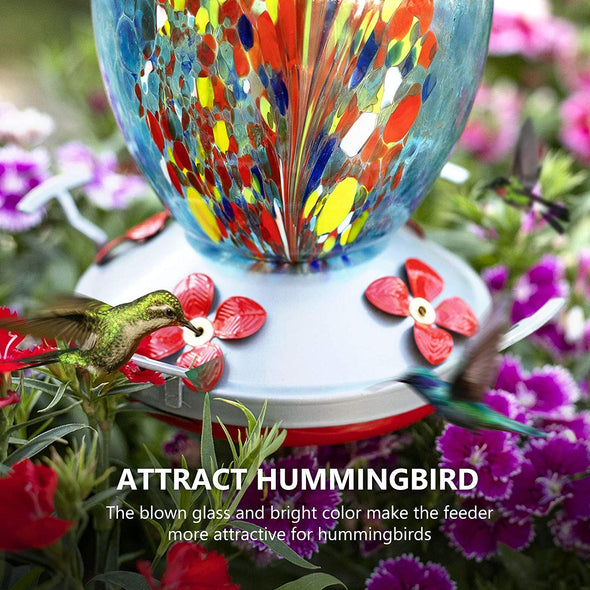 Beautiful Colorful Hand Blown Glass Hummingbird Feeder - Holds 32 oz of Nectar - We Love Hummingbirds