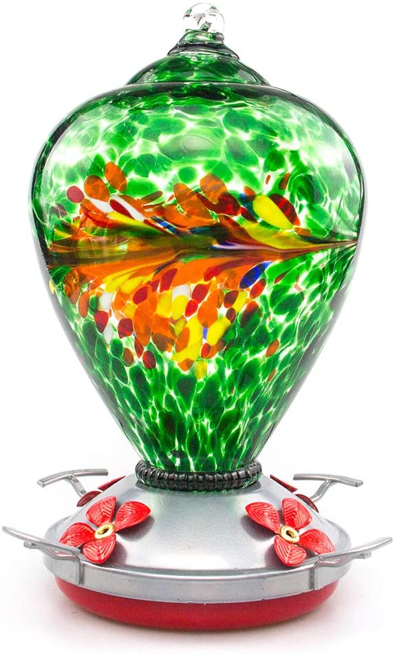 Beautiful Peacock Hand Blown Glass Hummingbird Feeder - Holds 34 oz of Nectar - We Love Hummingbirds