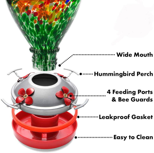 Beautiful Peacock Hand Blown Glass Hummingbird Feeder - Holds 34 oz of Nectar - We Love Hummingbirds