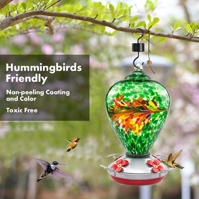 Beautiful Peacock Hand Blown Glass Hummingbird Feeder - Holds 34 oz of Nectar - We Love Hummingbirds