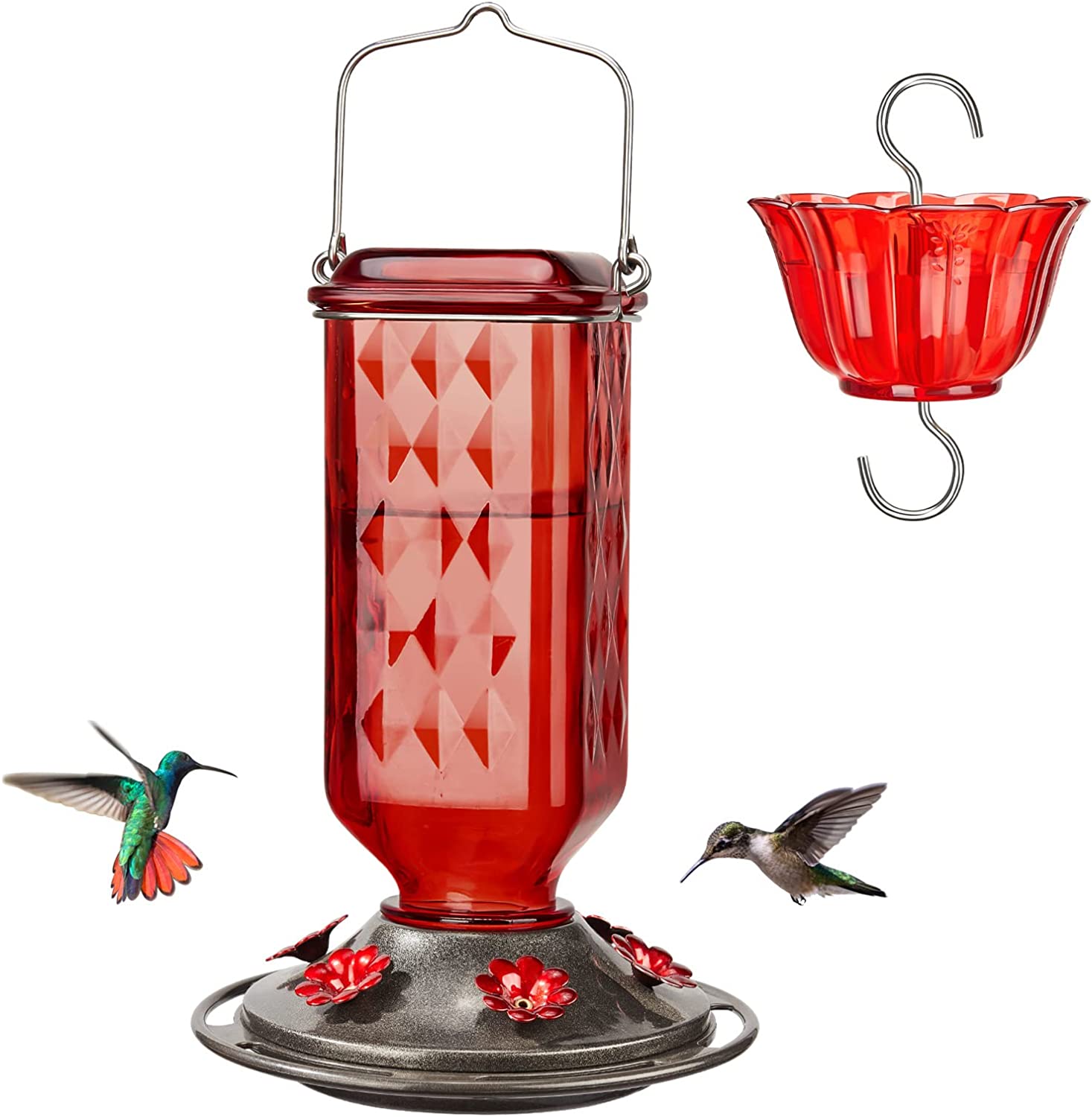 Beautiful Red Glass Hummingbird Feeder With a Matching Ant Moat - Hold ...