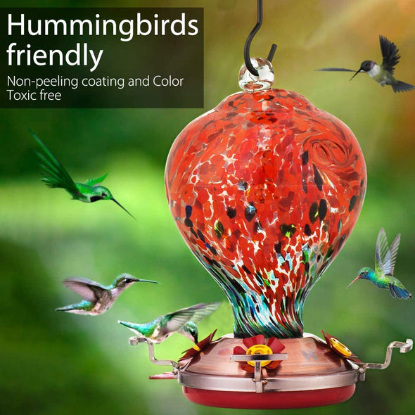 Beautiful Red Hand Blown Glass Hummingbird Feeder - Holds 30 oz of Nectar - We Love Hummingbirds