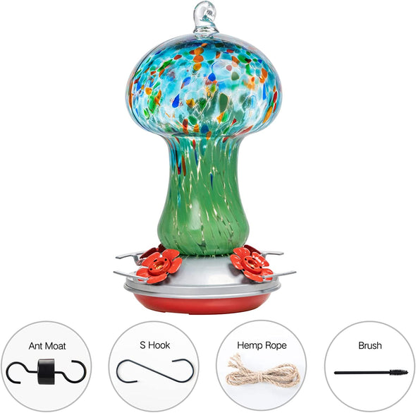 Beautiful Starry Night Mushroom Hand Blown Glass Hummingbird Feeder - Holds 28 oz of Nectar - We Love Hummingbirds