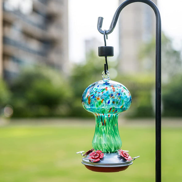 Beautiful Starry Night Mushroom Hand Blown Glass Hummingbird Feeder - Holds 28 oz of Nectar - We Love Hummingbirds