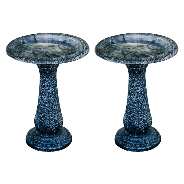 Black with Speckled Blue Fiber Stone Birdbaths with Round Pedestal and Base (Set of 2) - We Love Hummingbirds
