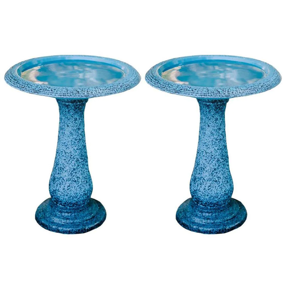 Blue Fiber Stone Glazed Birdbaths with Round Pedestal and Base (Set of 2) - We Love Hummingbirds