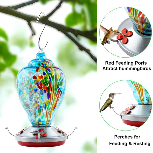 Blue Firework Hand Blown Glass Hummingbird Feeder - Holds 34 oz of Nectar - We Love Hummingbirds