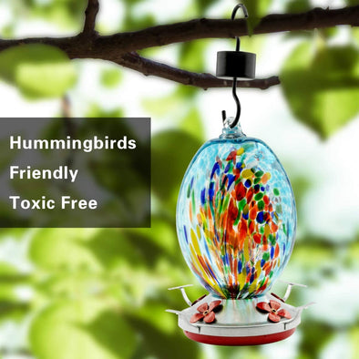 Blue Flower Hand Blown Glass Hummingbird Feeder - Holds 30 oz of Nectar - We Love Hummingbirds