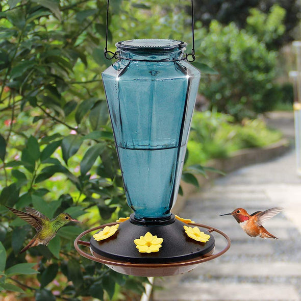 Blue Grey Diamond Glass Hummingbird Feeder - Holds 22 oz of Nectar - We Love Hummingbirds