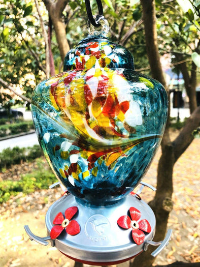 Blue Hand Blown Glass Hummingbird Feeder - Holds 38 OZ of Nectar! 100% Guaranteed! - We Love Hummingbirds