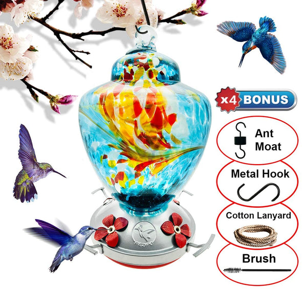 Blue Hand Blown Glass Hummingbird Feeder - Holds 38 OZ of Nectar! 100% Guaranteed! - We Love Hummingbirds