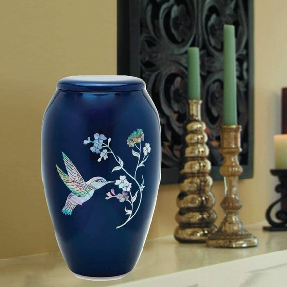 Blue Hummingbird Mother of Pearl Inlaid Metal Cremation Urn and Velvet Bag - We Love Hummingbirds