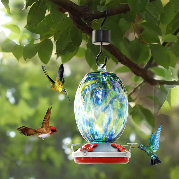 Blue Starry Night Hand Blown Glass Hummingbird Feeder- Holds 25 oz of Nectar - We Love Hummingbirds