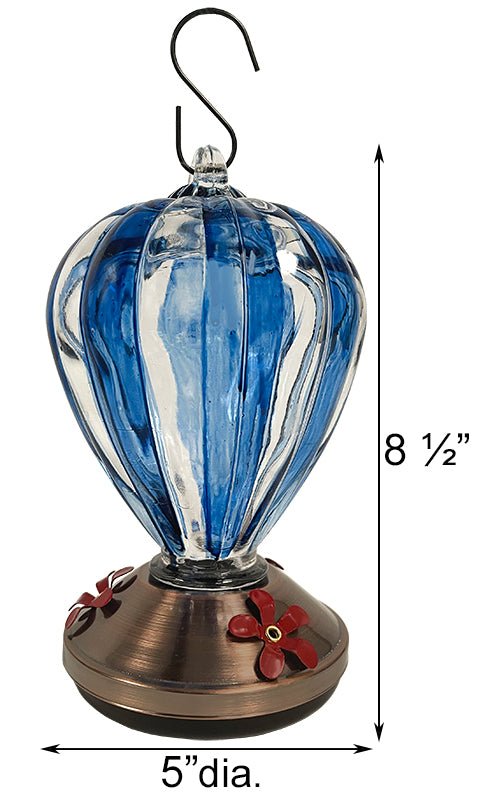 Blue Striped Glass Balloon Hummingbird Feeder - Holds 32 oz of Nectar - We Love Hummingbirds