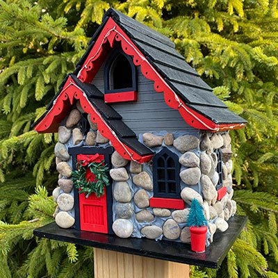 Charlevoix Stone Christmas Cottage with LEDs Bird House - We Love Hummingbirds
